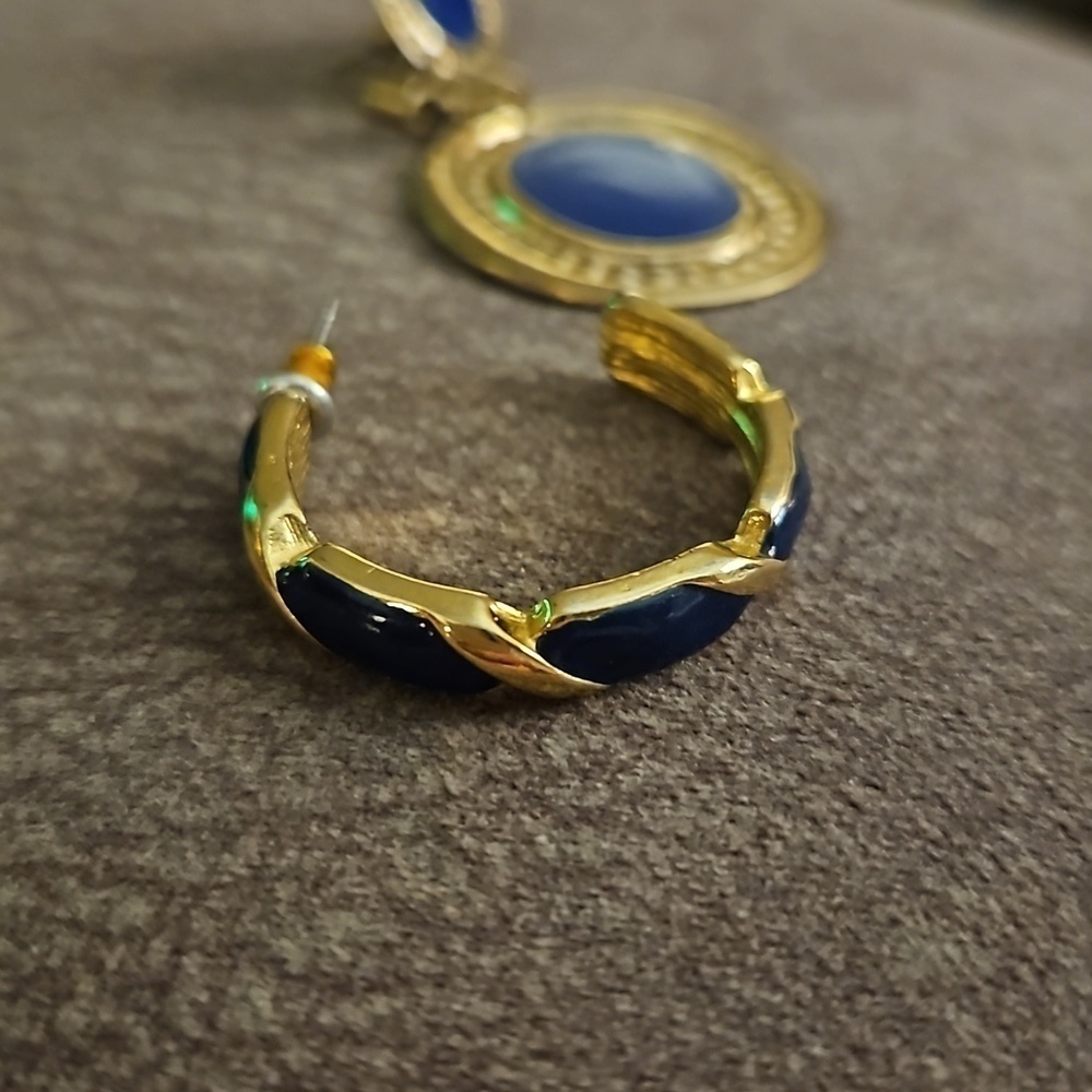 VTG Mismatched Navy Blue Bamboo Hoop Geometric Dangle Earrings - Picture 3 of 5
